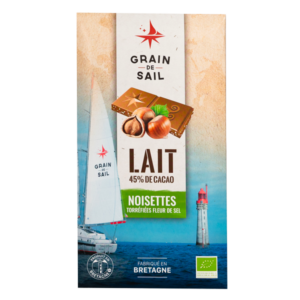 Tablette de chocolat au lait Noisettes Torréfiées et caramel - Bio - Grain de Sail - packaging - recto