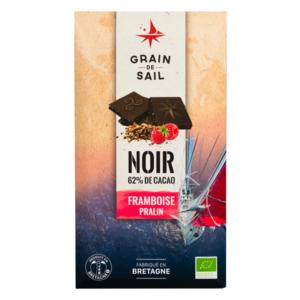 Tablette chocolat noir Framboise et Pralin - BIO - Grain de Sail - recto