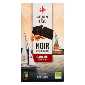 Tablette de chocolat noir caramel et fleur de sel - BIO - Grain de Sail - packaging - recto